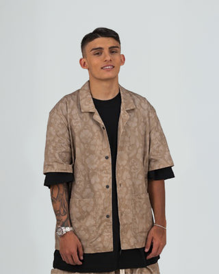 Camicia Bowling Stampa Fiore - Beige